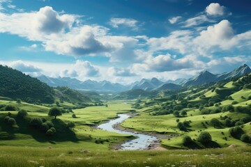 Obraz premium Serene Mountain Valley Landscape with Flowing River and Lush Greenery.