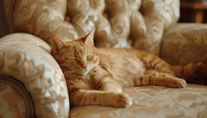Cute red cat lying in armchair near beige wall