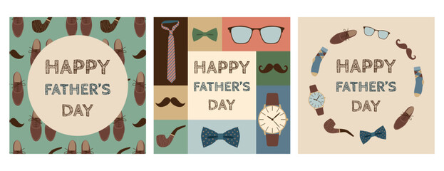 Father's day cards set. Holiday concept with men's accessories, mustache, clothes. Seamless pattern, geometric composition, frames and templates