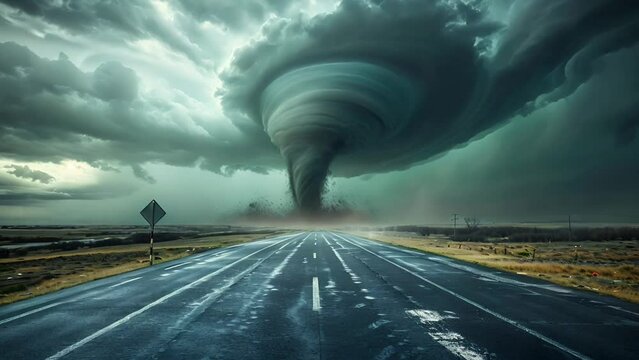 Large tornado funnel cloud touching down on a deserted highway under dark stormy skies, depicting extreme weather and natural disasters