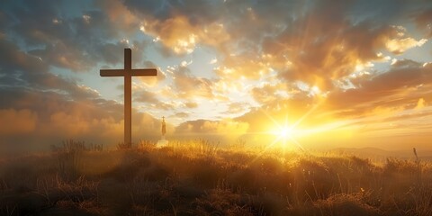 Jesus Christ resurrecting in front of cross at sunrise. Concept Religious Art, Biblical Moment, Spiritual Awakening, Divine Intervention, Symbolic Imagery