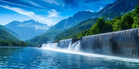 Hydroelectric dam merges with serene mountain landscape in a steady water flow. Concept Hydroelectric Power, Mountain Landscape, Water Flow, Serenity, Renewable Energy