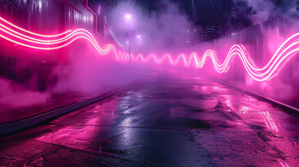 Bright magenta neon waves on a dark street with wet asphalt, empty and smoke-filled environment.