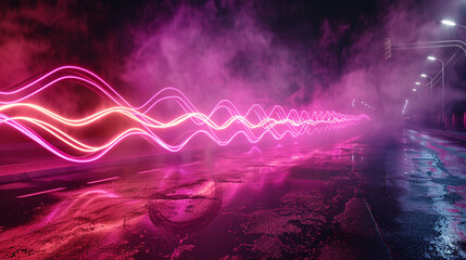 Bright magenta neon waves on a dark street with wet asphalt, empty and smoke-filled environment.