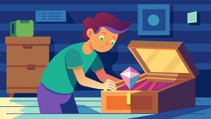 A teenager finding a hidden gem in a box of old books at a local garage sale.. Vector illustration