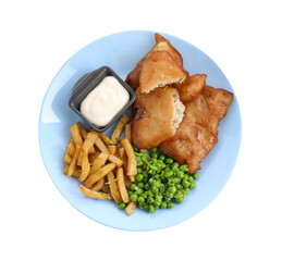 Tasty fish, chips, sauce and peas isolated on white, top view