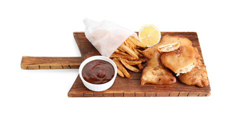 Tasty fish, chips and sauce isolated on white