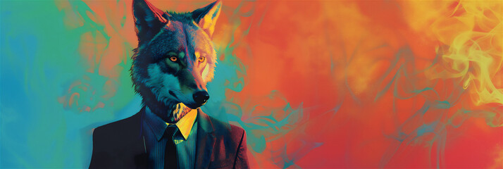 psychedelic art, wolf wearing suit and tie with plain empty space.