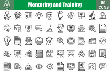 Mentoring And Training icon set. Containing  
Key,struggle,RoleModel,Coaching,Book,Brainstrom,Briefcase,Business card,Certificate,Digitalclock and more. Vector icons collection