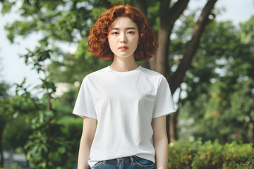 Fototapeta premium Fashionable Finds: T-Shirt Mockups for Young Ladies, Casual Cool: T-Shirt Mockups for Everyday Wear, Summer Essentials: T-Shirt Mockups for Warm Weather, Custom T-Shirts: Create Your Own Unique Style