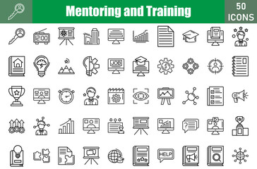 Mentoring And Training icon set. Containing  
Key,struggle,RoleModel,Coaching,Book,Brainstrom,Briefcase,Business card,Certificate,Digitalclock and more. Vector icons collection