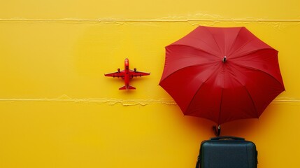 A red umbrella and suitcase on yellow wall with toy airplane, AI - Powered by Adobe