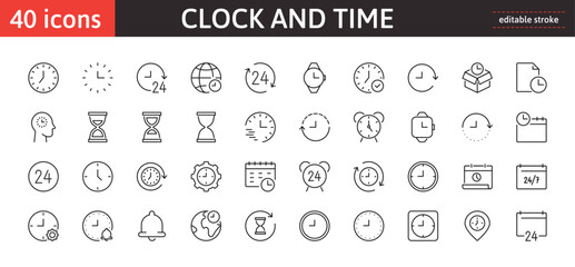 Clock and time 40 line icons set. Timing, timer, alarm, watch, hour vector sign or symbol. Isolated on a white background. Pixel perfect. Editable stroke. 64x64.	