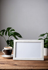 Fototapeta premium White blank modern wooden frame mockup sit on table, close look, coffee rustic theme minimalistic