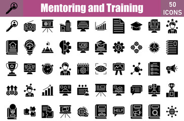 Mentoring And Training icon set. Containing  
Key,struggle,RoleModel,Coaching,Book,Brainstrom,Briefcase,Business card,Certificate,Digitalclock and more. Vector icons collection