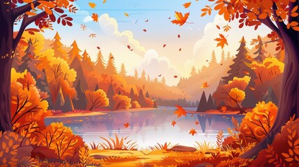 Illustration of autumn lake in forest landscape. Stunning fall park nature in valley with maple leaves falling on lakeshore.
