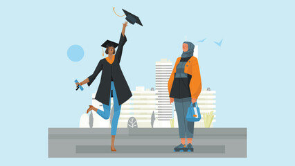 Happy graduated student wearing academic dress, gown or robe and graduation cap and holding diploma. Boys and girls celebrating university graduation. Flat cartoon vector illustration