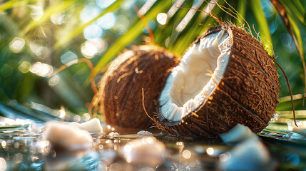 Closeup of two coconuts lying on a summer beach under palm trees