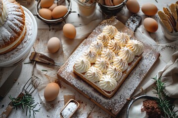 Elegant Dessert Table Featuring Creamy Layered Cake and Sponge Cake