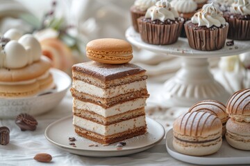  Gourmet Dessert Selection Featuring Layered Cake and Macarons