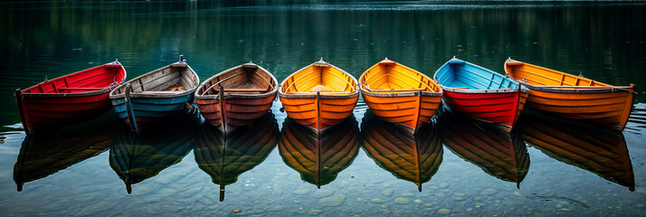 Colourful fishing boats in a row on a tranquil lake