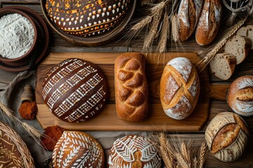 Artisan Bread Assortment with Decorative Patterns and Wheat