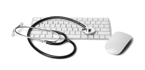 Stethoscope, keyboard and computer mouse on white background
