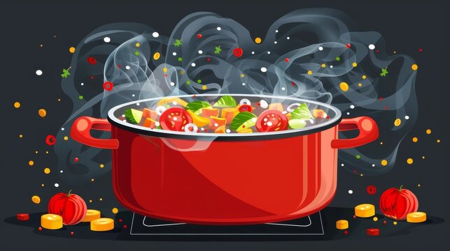 On top of the stove, a red pan contains vegetables soup. The food is smokey and boiling while cooking. A graphic design of a pot with a handle shows the kitchenware. A bowl over the stove shows