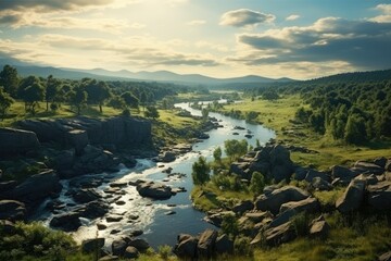 Fototapeta premium Russia landscape. Serene River Landscape with Lush Greenery and Rocky Terrain at Sunset.