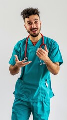 Friendly Male Nurse in Scrubs with Stethoscope Gesturing Positively