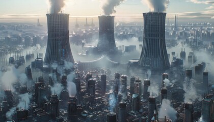 Futuristic Industrial Cityscape with Cooling Towers and Smog.