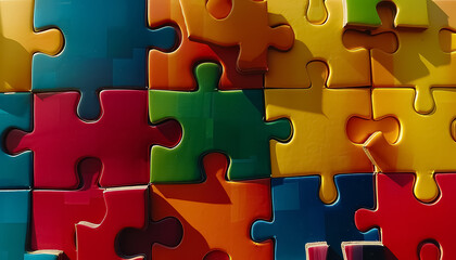 A colorful jigsaw puzzle with a blue piece missing