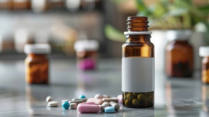 Pharmaceutical Bottles and Pills on Modern Glass Table