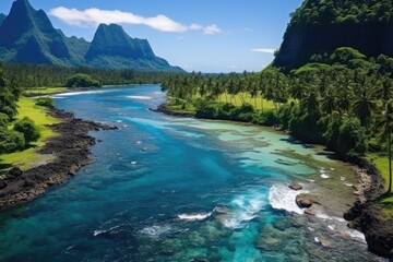 Samoa landscape. Breathtaking Tropical River Landscape with Lush Greenery and Volcanic Mountains