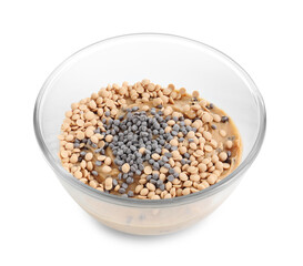 Raw dough with chocolate chips in bowl isolated on white