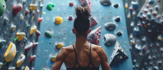 An athletic female climbs solo on a bouldering wall in a gym. Female exercising and practicing extreme sports for her healthy lifestyle training. Shot from behind.