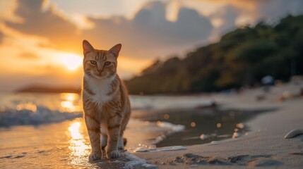 Obraz premium A cat walking on the beach at sunset with a beautiful view, AI