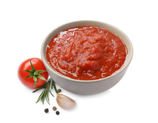 Homemade tomato sauce in bowl and fresh ingredients isolated on white