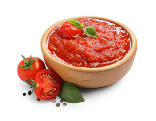 Homemade tomato sauce in bowl and fresh ingredients isolated on white