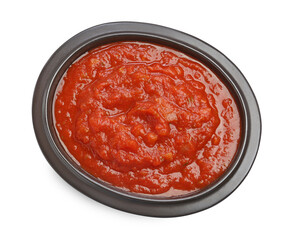 Homemade tomato sauce in bowl isolated on white, top view