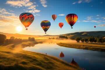Fototapeta premium Balloon Festival in the Valley with a beautiful river view.