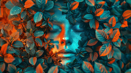 Surreal portrait of a woman surrounded by vibrant leaves