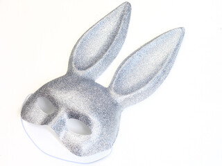 Silver glitter rabbit mask isolated on white