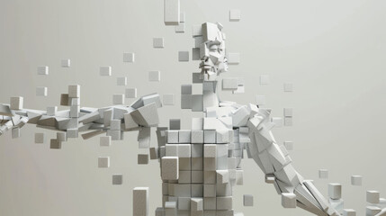 Abstract humanoid figure dissolving into cubes on neutral background
