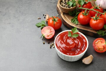 Delicious ketchup in bowl, tomatoes, parsley and garlic on grey table, closeup. Space for text