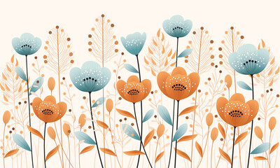 Wildflowers and herbs. Colorful illustration of meadow flowers and plants for printing children's photo wallpapers, interior art painting, posters, backgrounds. Floral horizontal seamless pattern.