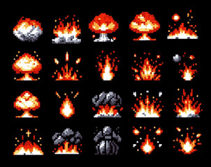 Pixel art 8-bit fire flame explosions. Vector set with cartoon flashes and sparks isolated on black background. Burst animation for retro video game design.