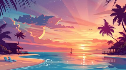 A sunset with a beach and palm trees in the background, AI