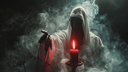 Grim reaper reaching towards the camera over dark background with copy space. Scary grim reaper standing behind a melting and burning candle doing dark ceremony on haunting, Halloween event	
