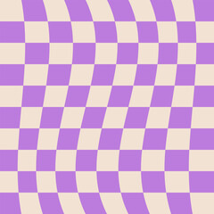 Y2k aesthetic background, checkered groovy seamless pattern. Hippie purple distorted tiles